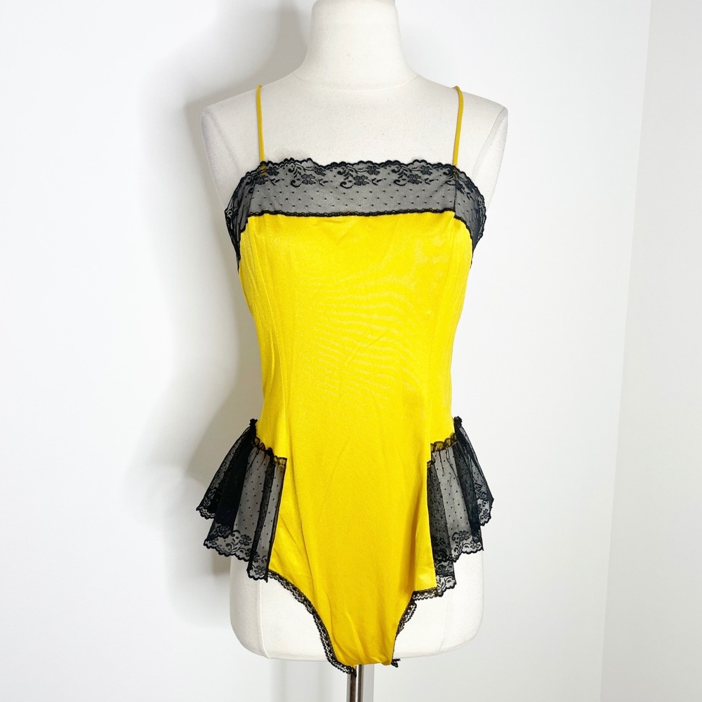 Secret Accents Vintage Yellow Bodysuit Black Lace Mesh Peplum Lingerie Large 80s